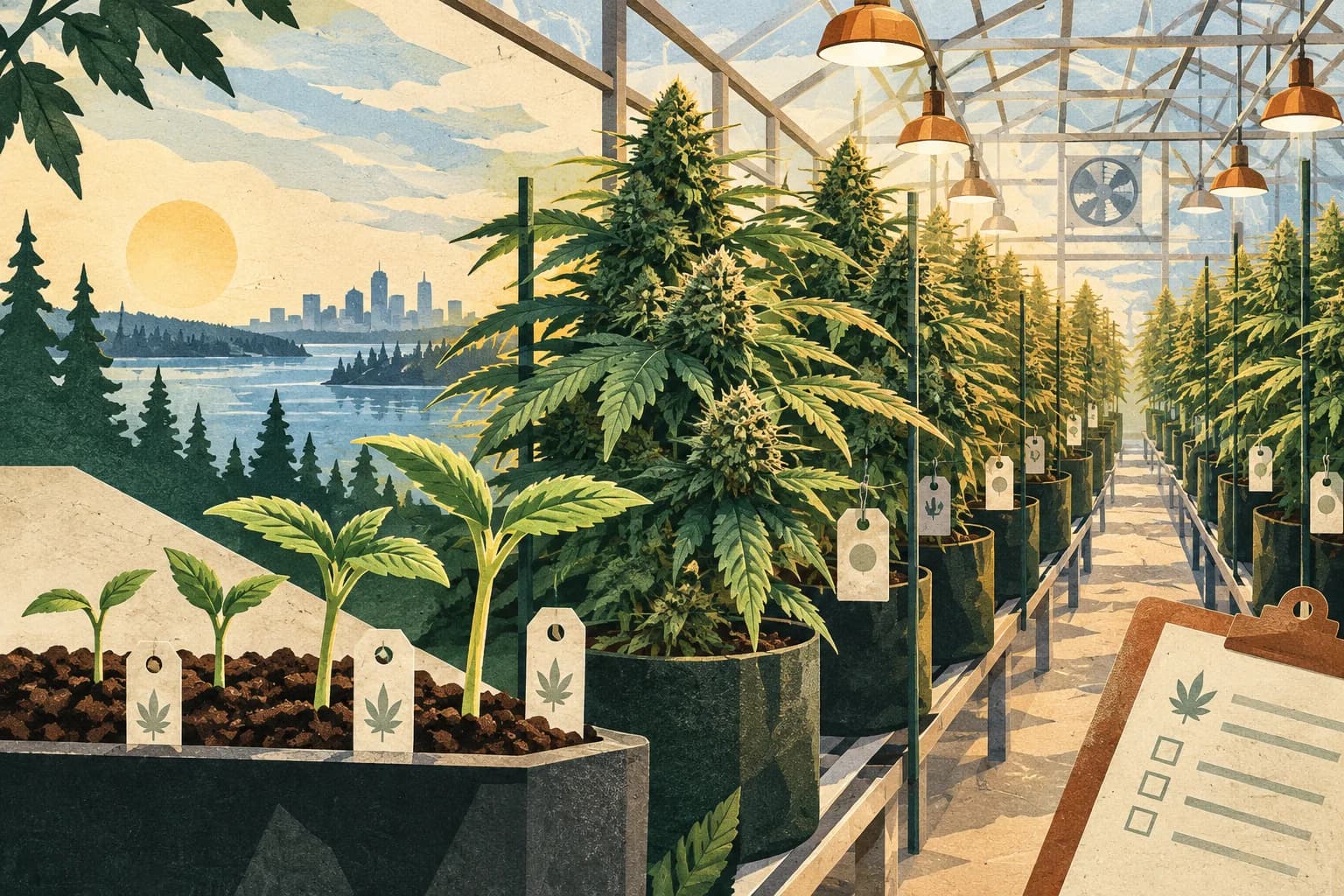Screen-print style illustration of Minnesota cannabis cultivation expanding across greenhouse rows