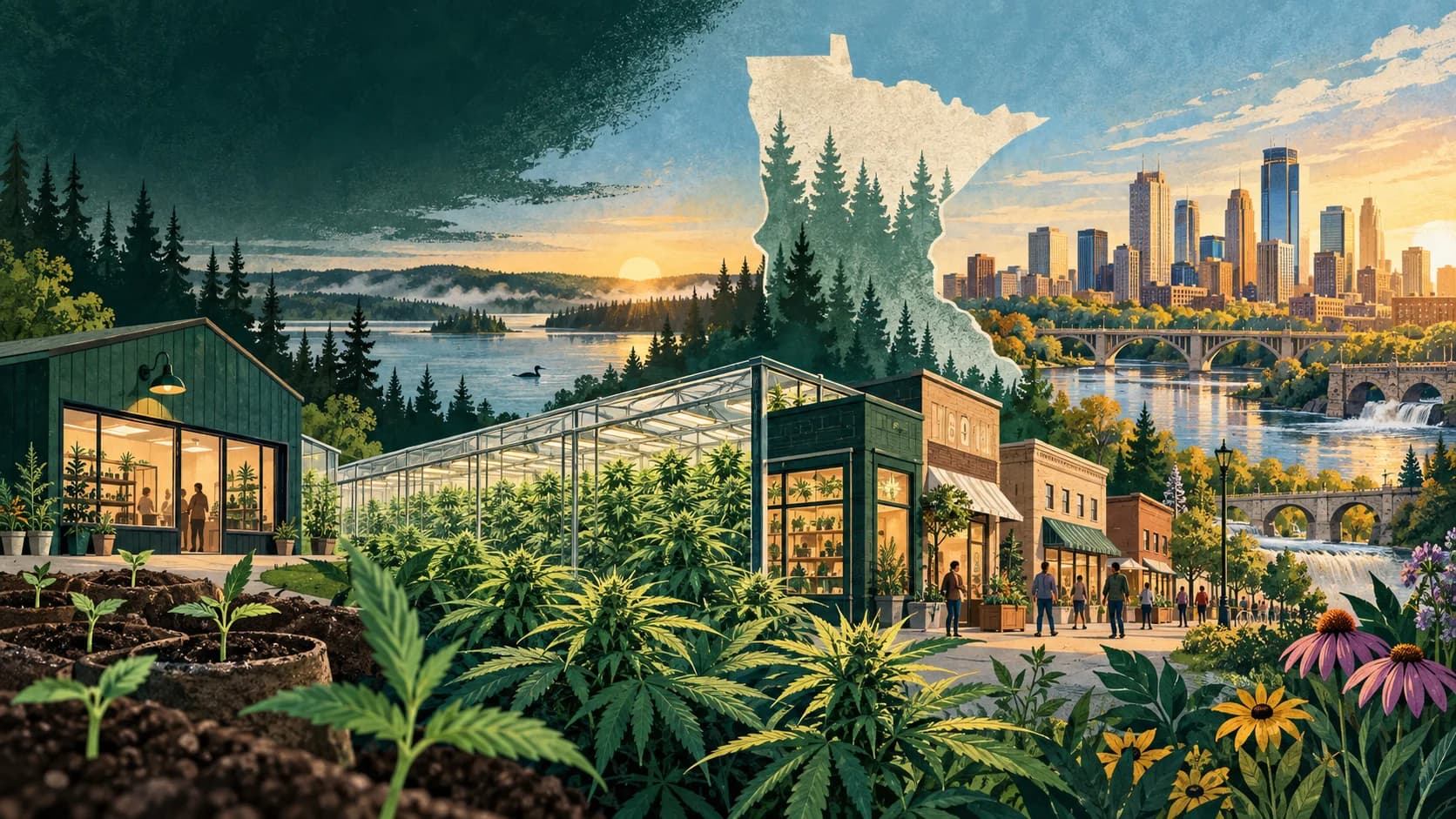 Illustrated Minnesota landscape with cannabis cultivation, storefronts, and a rising sun