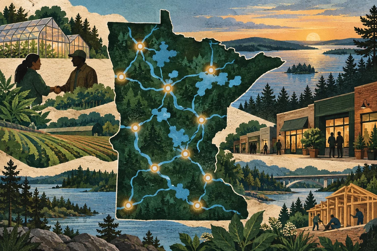 Abstract illustrated map of Minnesota showing connected state and Tribal market relationships