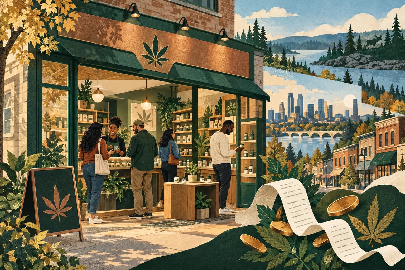 Illustrated Minnesota cannabis retail counter with customers and varied product shelves
