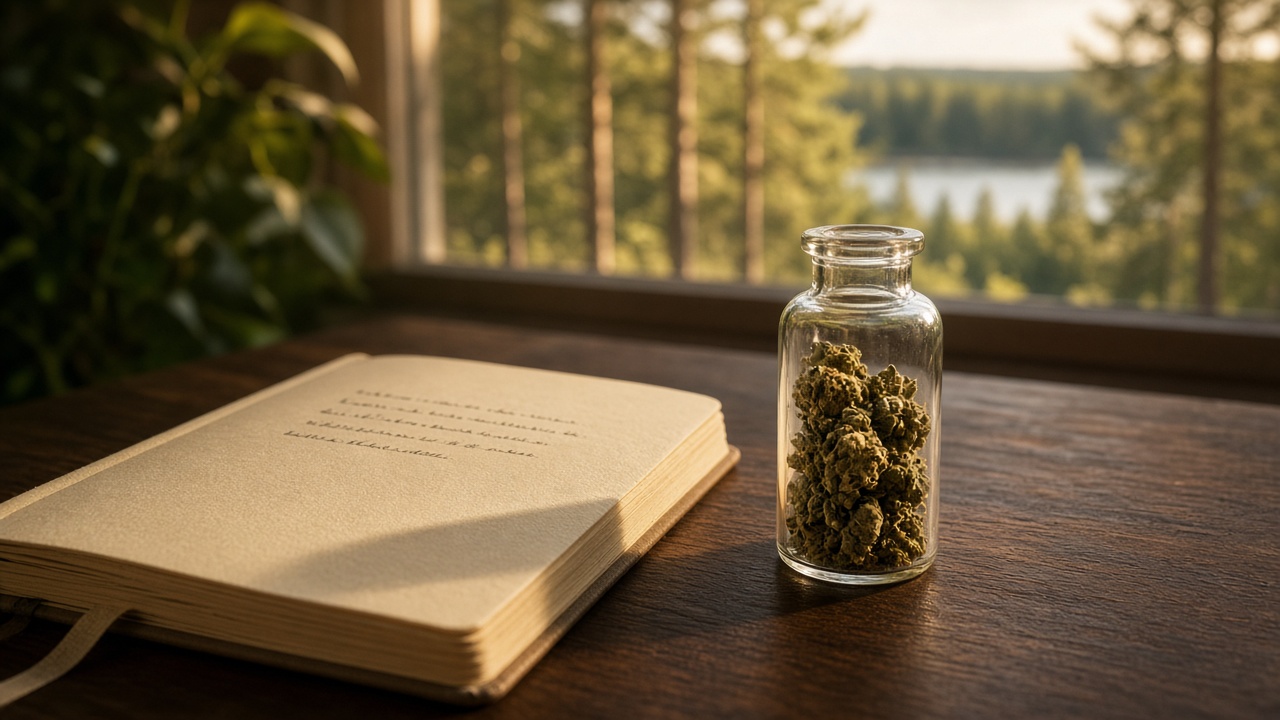 Notebook, flower, and late light on a desk. No text in the image.