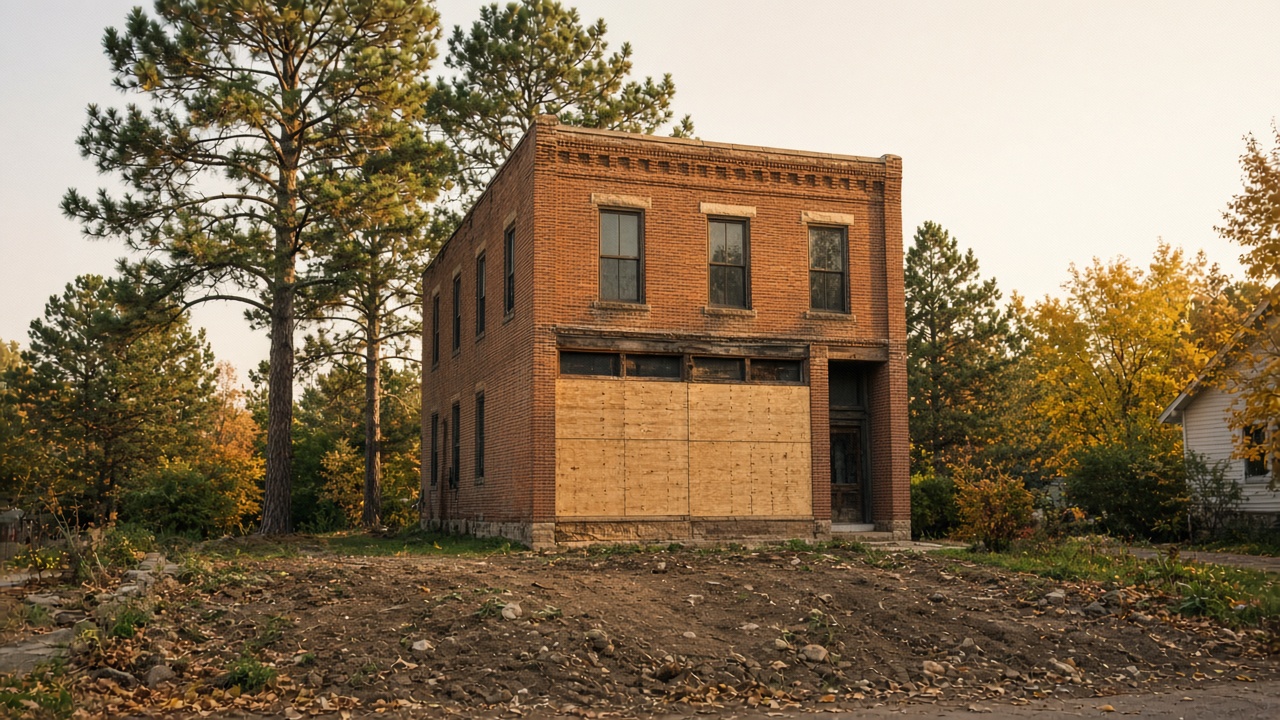 A small-town brick storefront under conversion. No signage, no text in the image.
